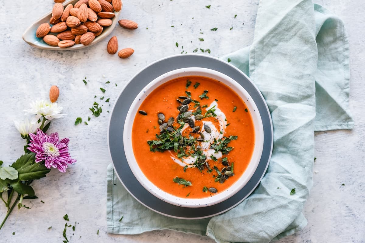 Bowl of warm soup with bread
