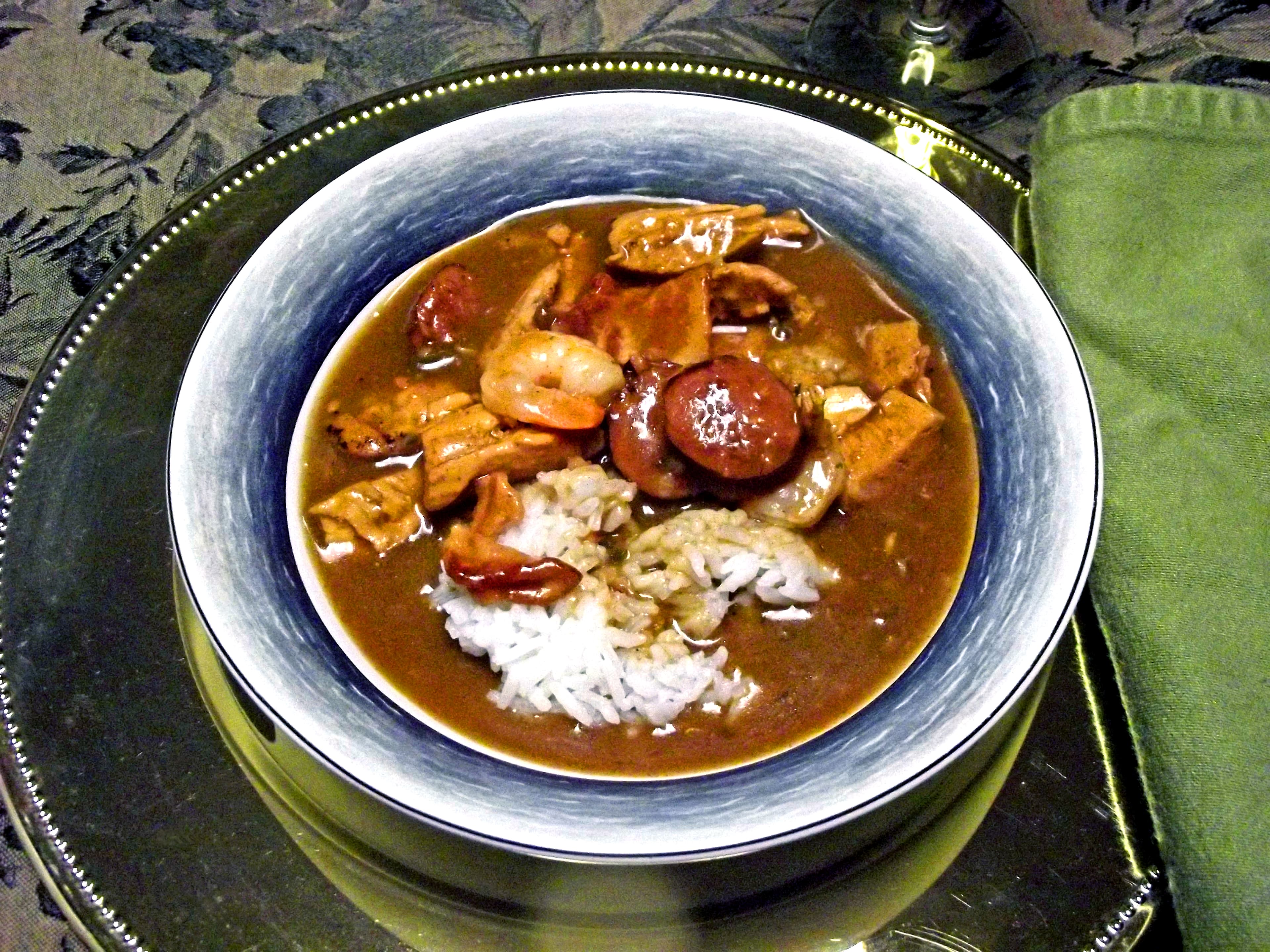 Bowl of gumbo with shrimp and andouille sausage over rice