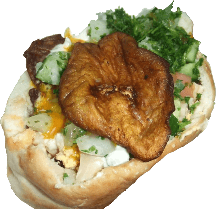 Sabich sandwich with fried eggplant, egg, and amba in pita