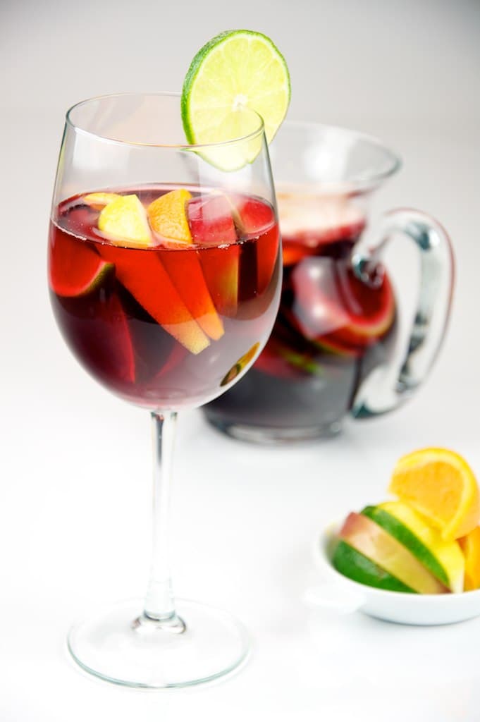 Pitcher of sangria with fresh fruit and ice